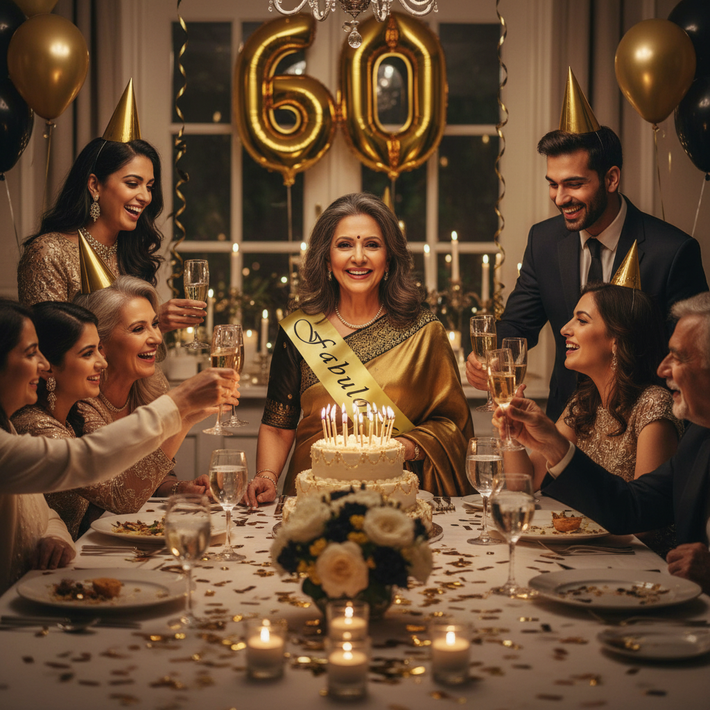 Graceful Indian woman wearing Fabulous 60 sash at elegant 60th birthday dinner