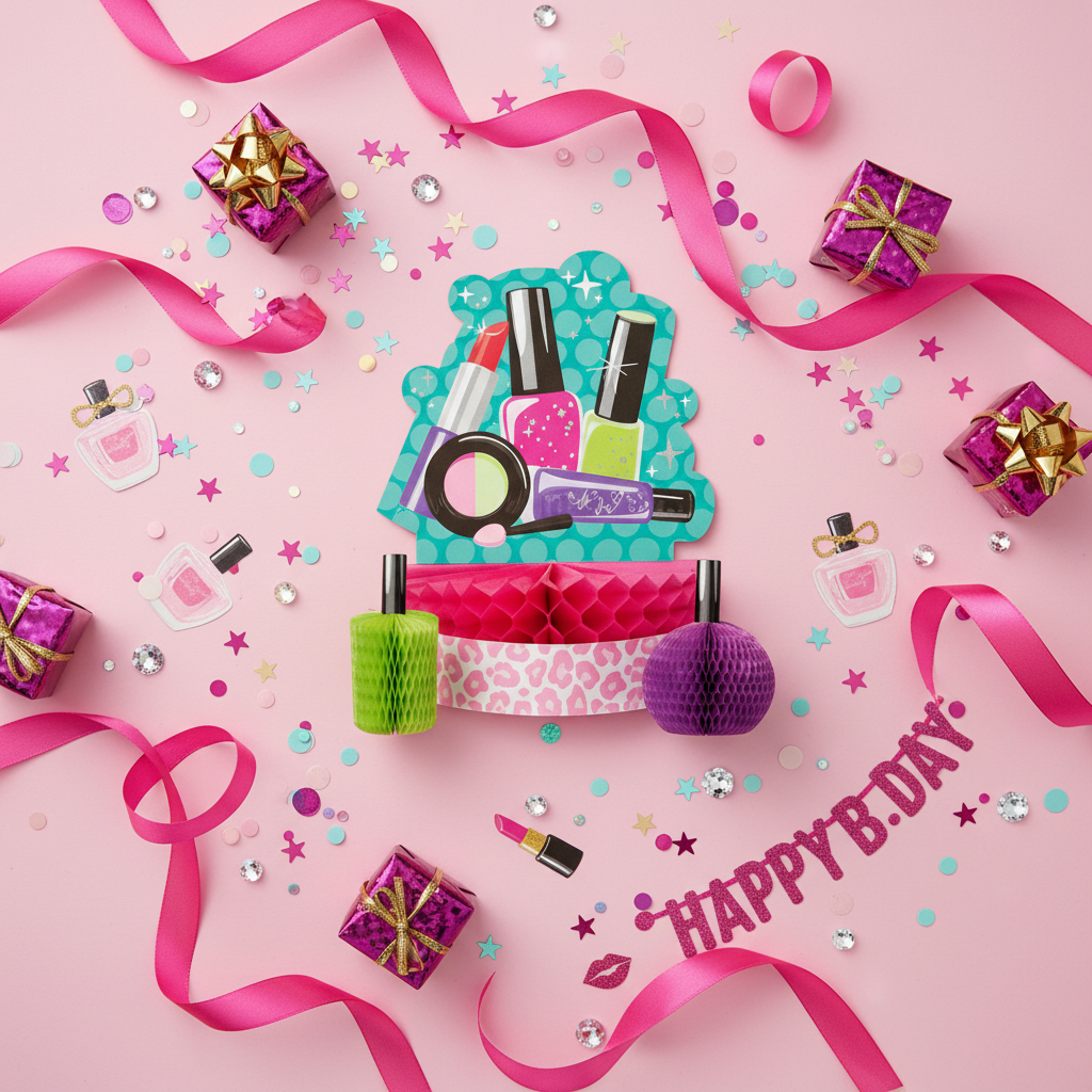 Glitzy girl makeup themed honeycomb centerpiece flat lay with pink ribbons gift boxes and confetti