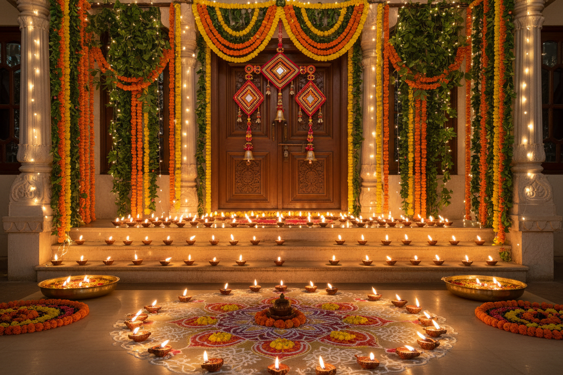 Diwali Home Entrance with Toran and Diyas