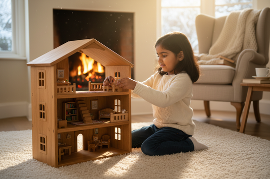 Girl Playing with Wooden Dollhouse
