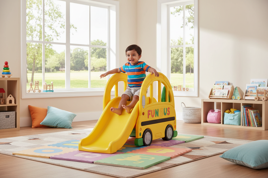 Toddler on School Bus Indoor Slide