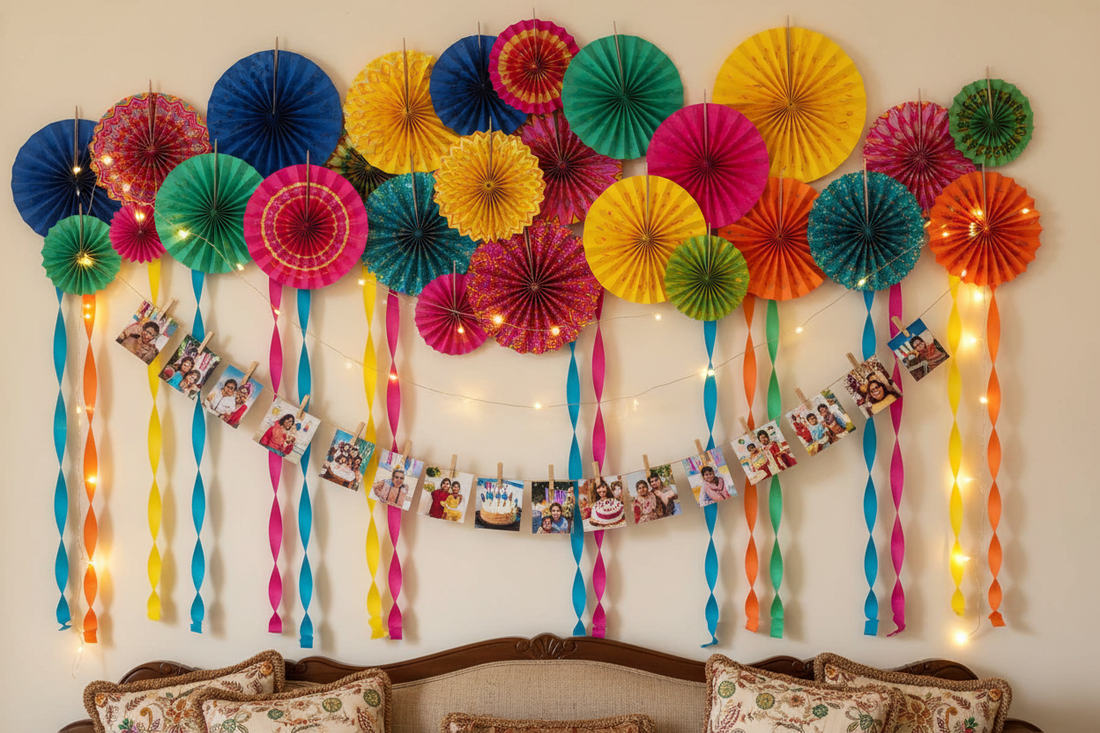 Beautifully decorated Indian home for birthday party with balloons, streamers and fairy lights