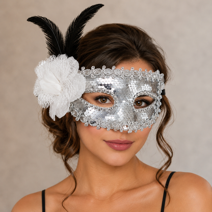 Silver Sequin Eye Mask with White Flower - Wanna Party - alternate