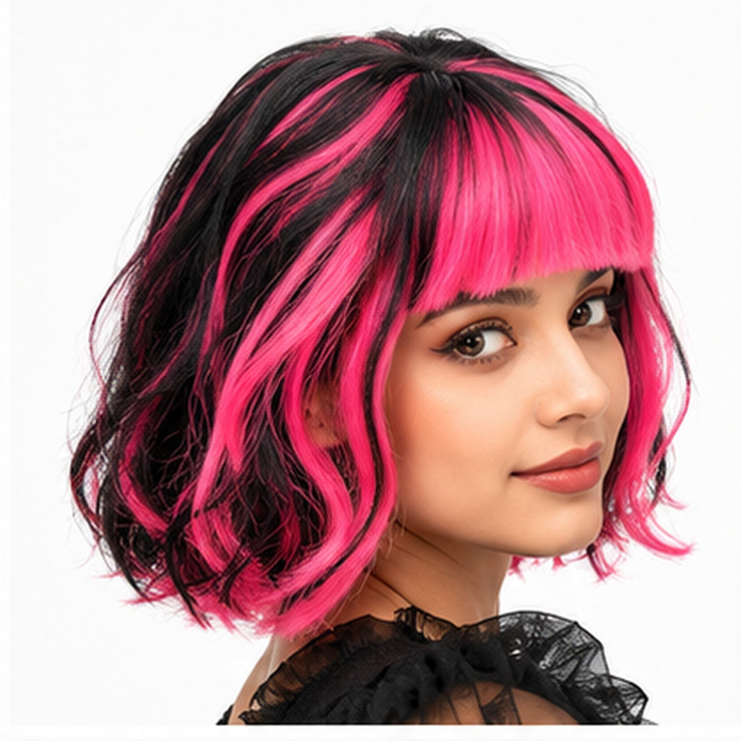 "Hot Pink & Black Blunt Cut Wig | Two-Tone Cosplay Fancy Dress Wig for Halloween, Theme Parties & Costume Events  "