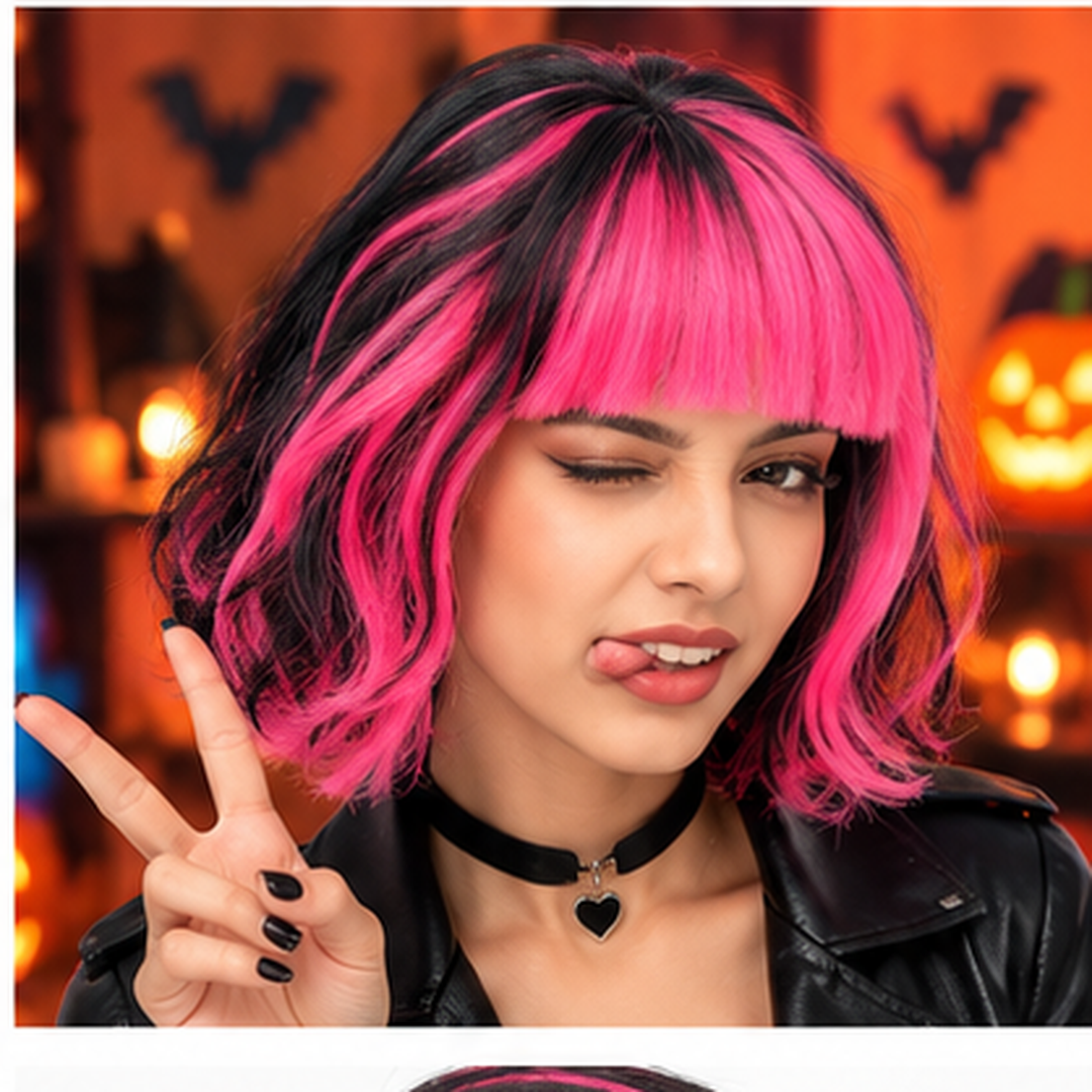 "Hot Pink & Black Blunt Cut Wig | Two-Tone Cosplay Fancy Dress Wig for Halloween, Theme Parties & Costume Events  "