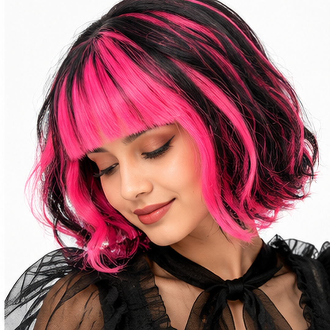 "Hot Pink & Black Blunt Cut Wig | Two-Tone Cosplay Fancy Dress Wig for Halloween, Theme Parties & Costume Events  "