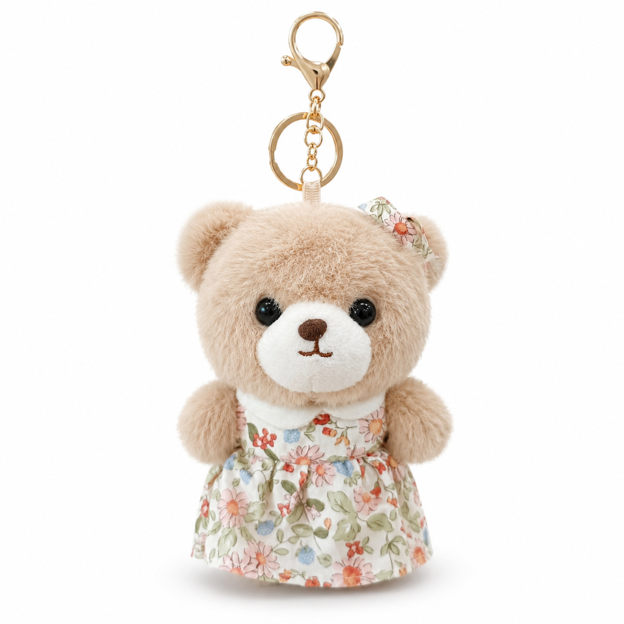 Teddy Bear Plush Keychain, Cute Soft Bear Bag Charm with Floral Dress | Gold Metal Chain, Backpack, Handbag, Keys, Birthday Return Gift & Party Favor – 1PC