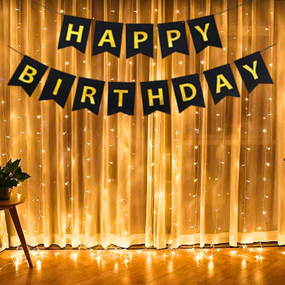 Happy Birthday Decoration Items - Black Happy Birthday Backdrop Decorations | Happy Birthday Decoration Kit | Black Happy Birthday Banner with LED Lights (Cardstock)