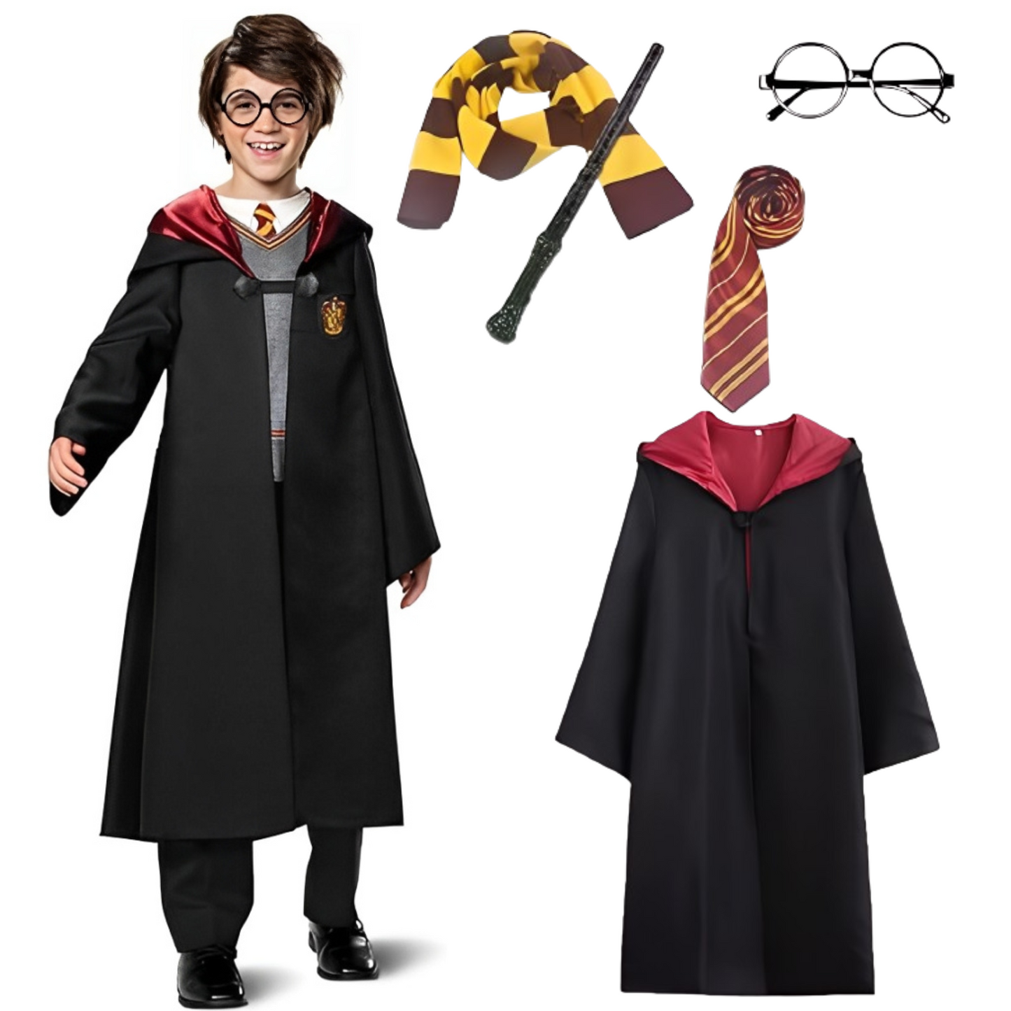 Magical Harry Potter Costume w/ Scarf, Eyeglass, Wand & Tie for Kids - Size M 5 - 7 YR