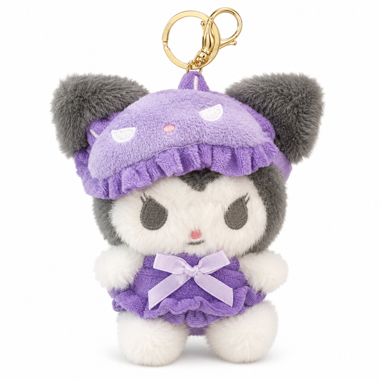 Cute Kawaii Kuromi Plush Keychain, Soft Black & White Character Bag Charm with Purple Outfit & Gold Metal Chain, Backpack, Handbag, Keys, Birthday Return Gift – 1PC