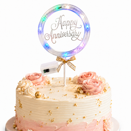 Happy Anniversary LED Cake Topper, Transparent Round Cake Decoration with Gold Text, Built-In Light String & Bow for Anniversary Party, Couple Celebration & Dessert Table – 1PC