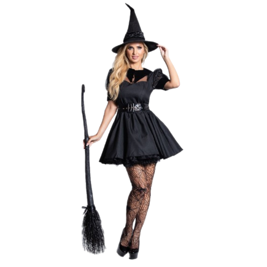 Sexy Witch Black Dress for Adults w/ Witch Hat, Belt & Gloves - Size L - Bust - 36 inches