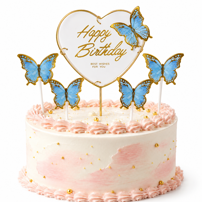 Happy Birthday Cake Topper with Blue Butterflies - 5PC