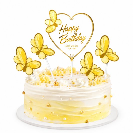 Happy Birthday Cake Topper with Yellow Butterflies - 5PC