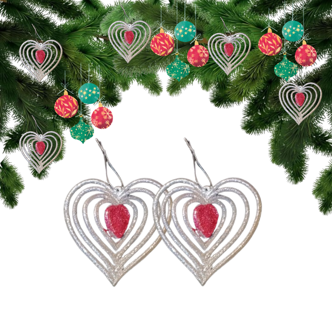 CTO 3D Silver & Pink Heart Hanging Christmas Decorations - 2pc