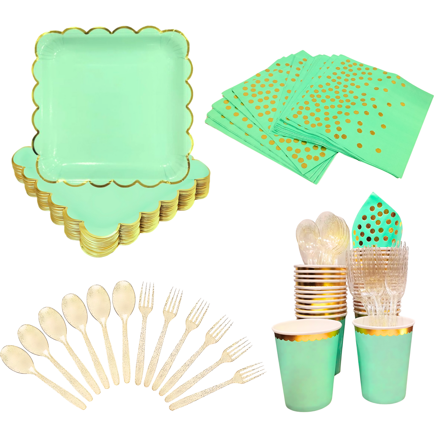 Mint Green Party Tableware Combo with Plates, Tissues, Cups, Spoons and Forks - 64PC - Serves Upto 10 Pax