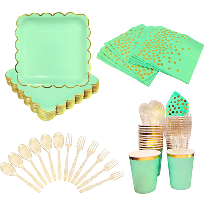 Mint Green Party Tableware Combo with Plates, Tissues, Cups, Spoons and Forks - 64PC - Serves Upto 10 Pax