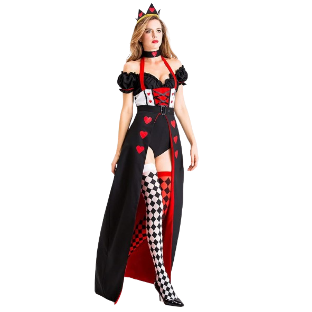 Queen of Hearts Fancy Adult Costume w/Chequered Leggings, Tankini Top, Headband, Neck Choker and Wrap Around Skirt - Size M - Bust - 34 inches