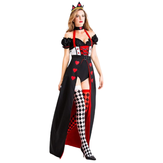 Queen of Hearts Fancy Adult Costume w/Chequered Leggings, Tankini Top, Headband, Neck Choker and Wrap Around Skirt - Size M - Bust - 34 inches