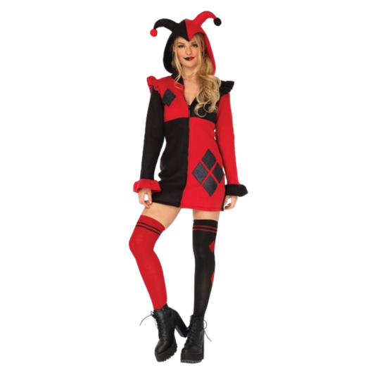 Super Villain Harley Quinn Comic Red & Black Women Costume with Hood - Size M - Bust - 34 inches