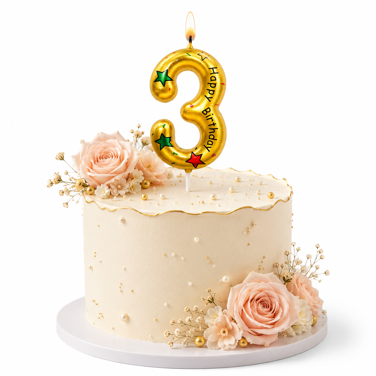 Golden Color Happy Birthday Printed Candle Number 3