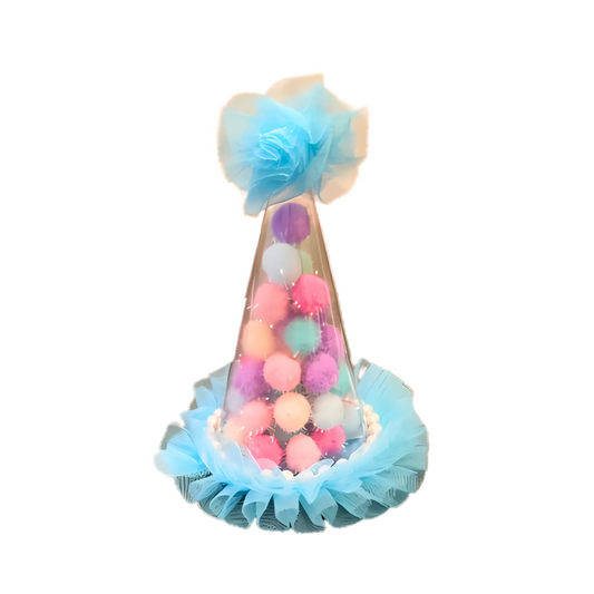 Blue Transparent Party Paper Hat w/ Multicolor Pom Pom - 1PC