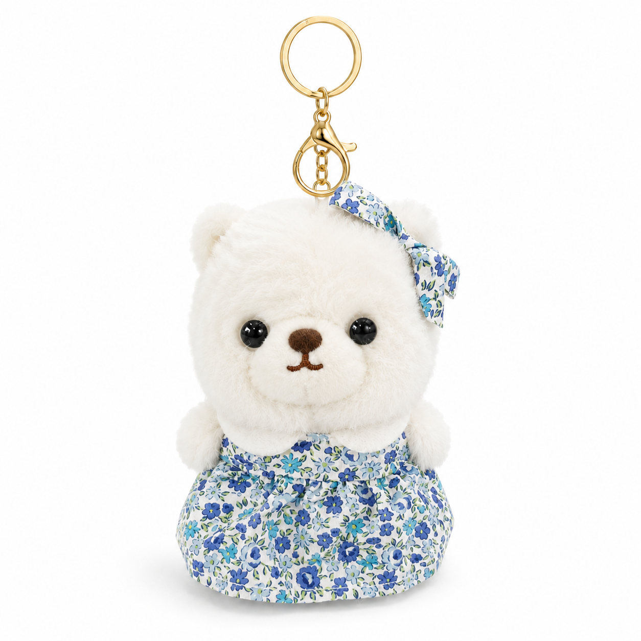 White Teddy Bear Plush Keychain, Cute Soft Bear Bag Charm with Blue Floral Dress | Gold Metal Chain, Backpack, Handbag, Keys, Birthday Return Gift & Party Favor – 1PC
