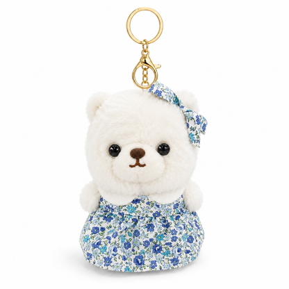 White Teddy Bear Plush Keychain, Cute Soft Bear Bag Charm with Blue Floral Dress | Gold Metal Chain, Backpack, Handbag, Keys, Birthday Return Gift & Party Favor – 1PC