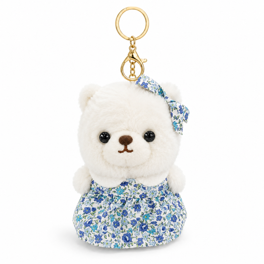 White Teddy Bear Plush Keychain, Cute Soft Bear Bag Charm with Blue Floral Dress | Gold Metal Chain, Backpack, Handbag, Keys, Birthday Return Gift & Party Favor – 1PC