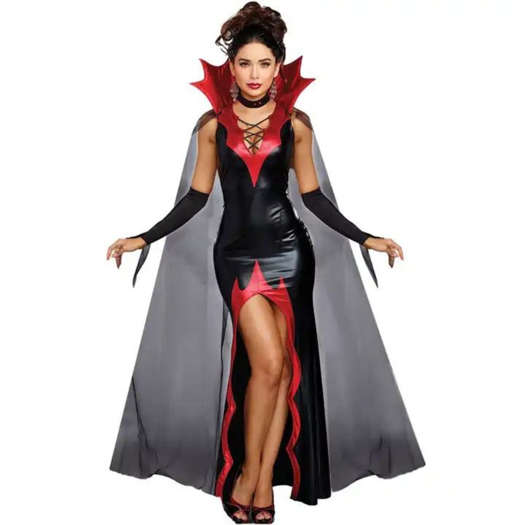 Devilish Diva Black & Red Stretchable Costume w/Cape, Gloves and Neck Choker -  Size M - Bust - 34 - 36 inches