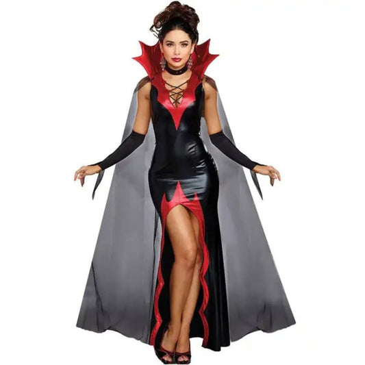 Devilish Diva Black & Red Stretchable Costume w/Cape, Gloves and Neck Choker -  Size M - Bust - 34 - 36 inches