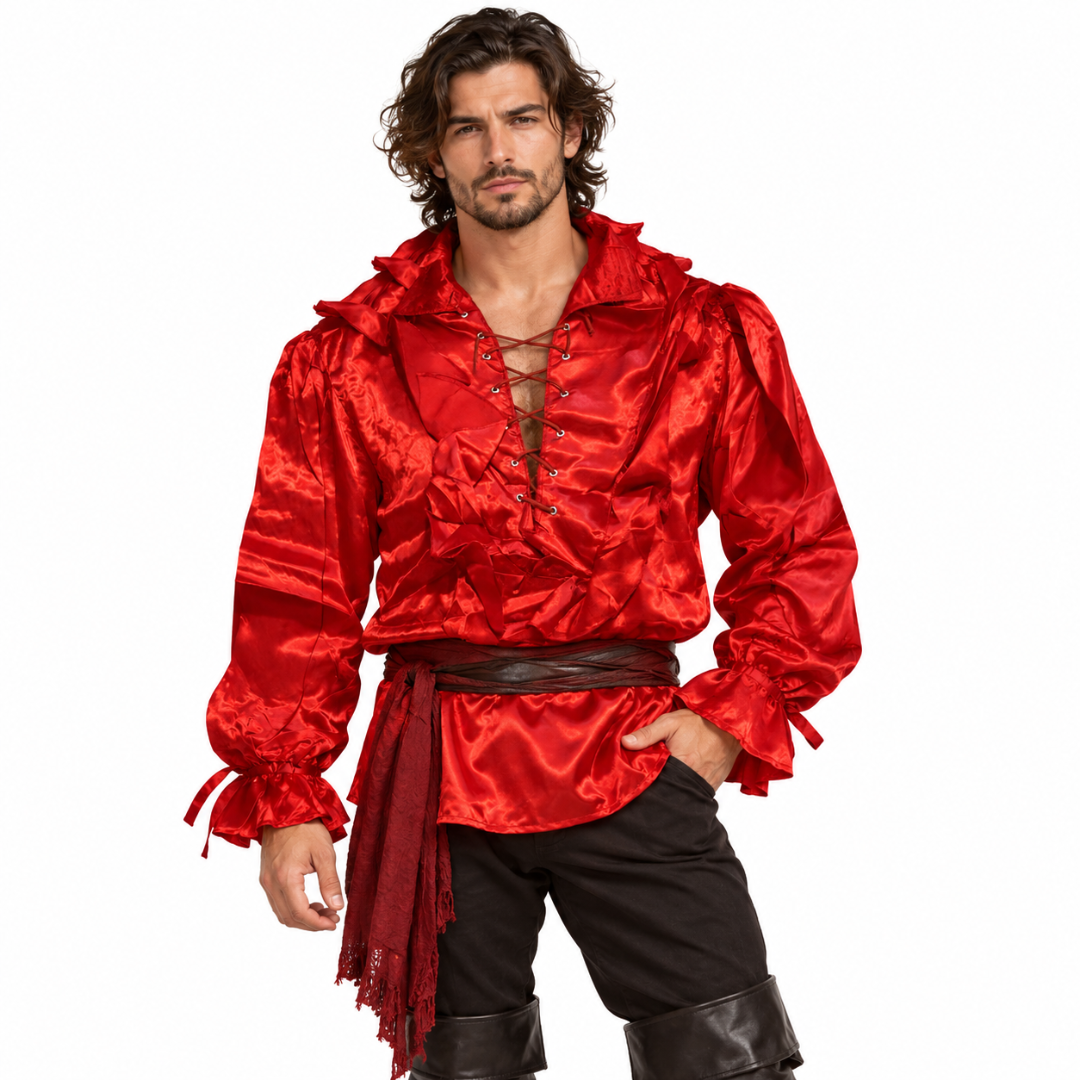 Pirate of The Seven Seas Red Costume Shirt – Size L | Pirate Fancy Dress Top for Halloween, Cosplay & Theme Parties