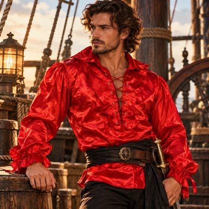 Pirate of The Seven Seas Red Costume Shirt – Size L | Pirate Fancy Dress Top for Halloween, Cosplay & Theme Parties