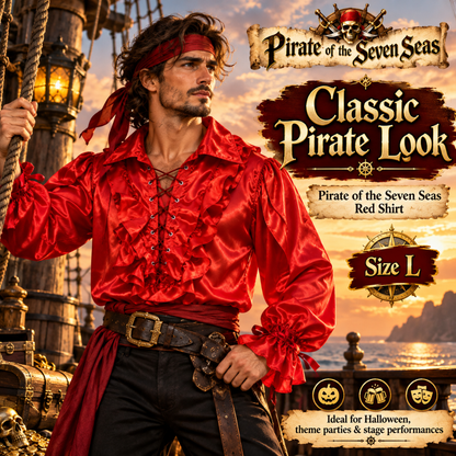 Pirate of The Seven Seas Red Costume Shirt – Size L | Pirate Fancy Dress Top for Halloween, Cosplay & Theme Parties