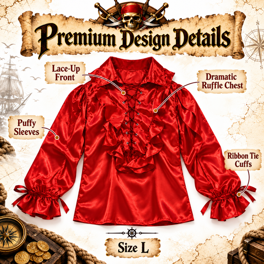 Pirate of The Seven Seas Red Costume Shirt – Size L | Pirate Fancy Dress Top for Halloween, Cosplay & Theme Parties