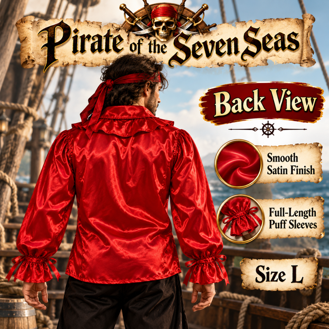 Pirate of The Seven Seas Red Costume Shirt – Size L | Pirate Fancy Dress Top for Halloween, Cosplay & Theme Parties