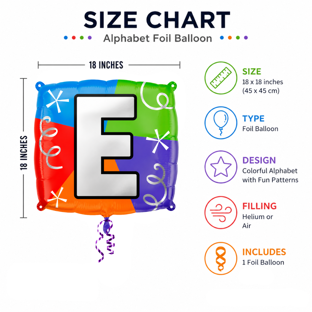 Alphabet "E" Printed Square Shaped Balloon Helium Supported for Birthday Boy/Girl Name Initiatls - 18 inches
