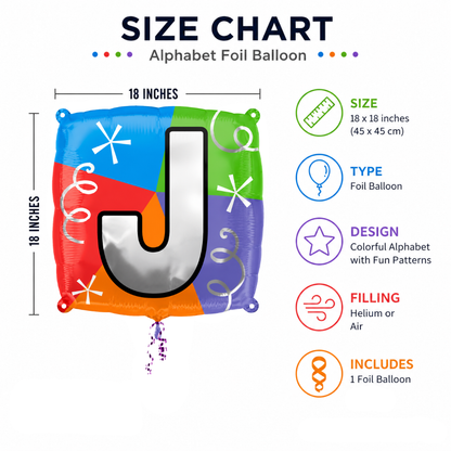 Alphabet "J" Printed Square Shaped Balloon Helium Supported for Birthday Boy/Girl Name Initiatls - 18 inches
