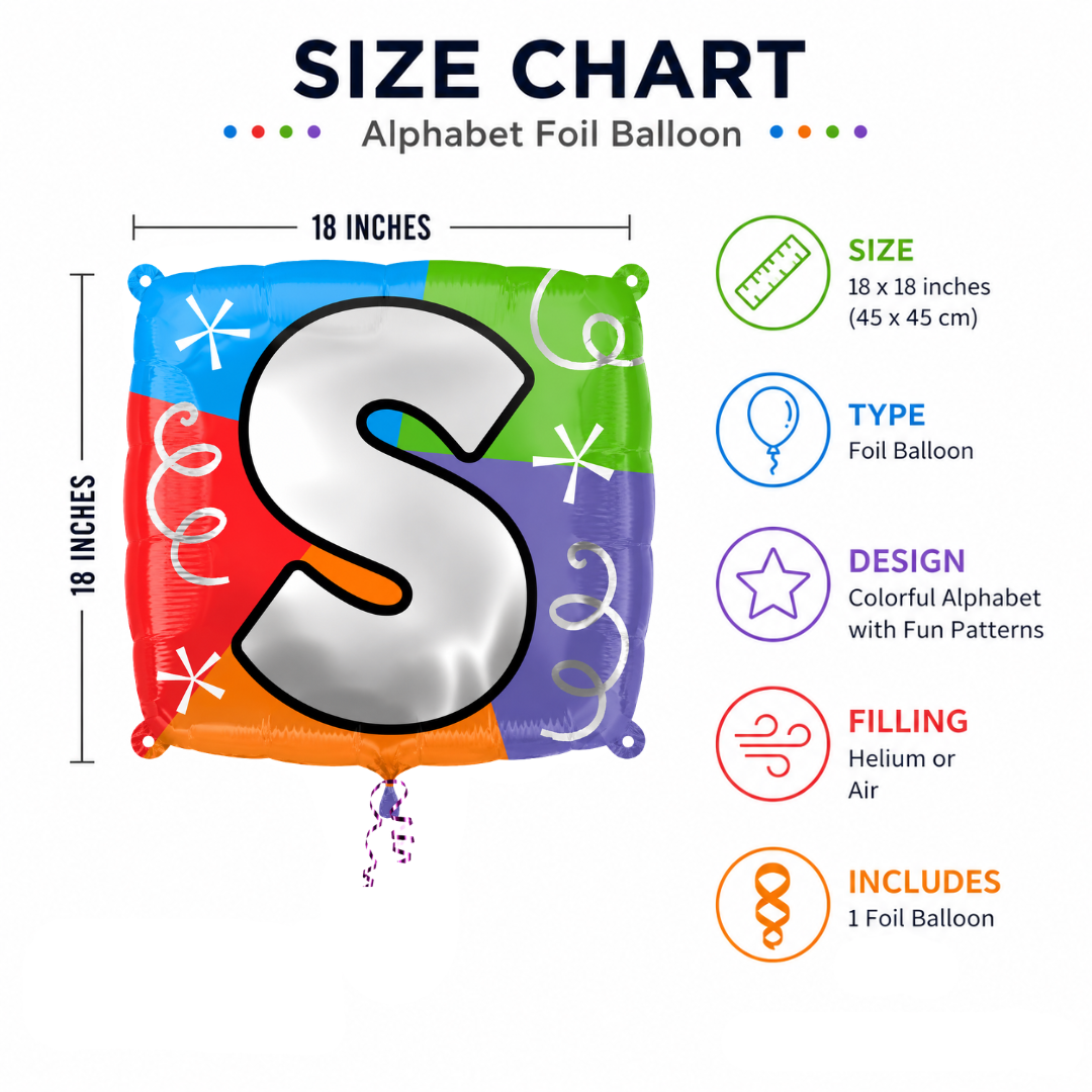 Alphabet "S" Printed Square Shaped Balloon Helium Supported for Birthday Boy/Girl Name Initiatls - 18 inches