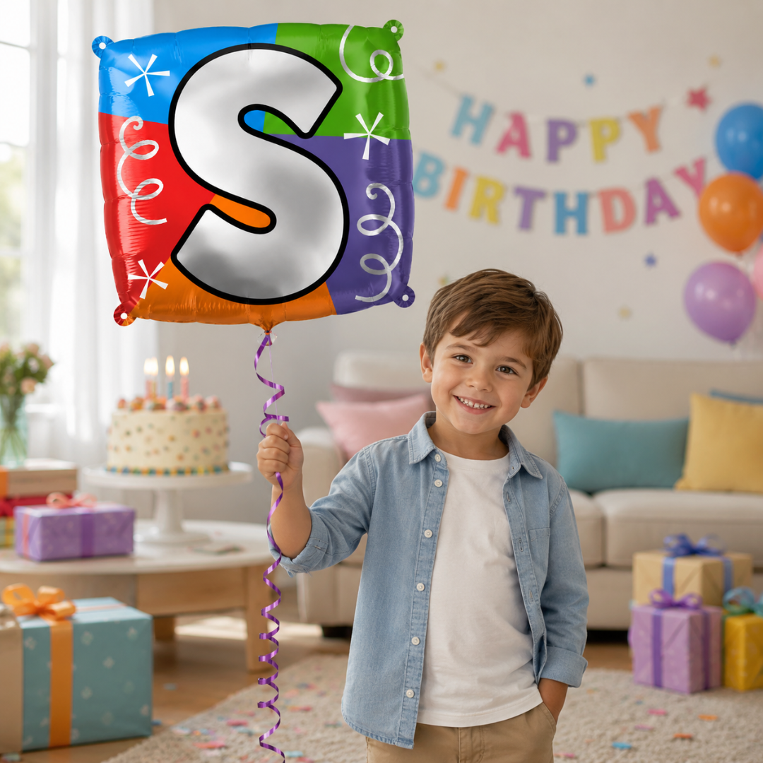 Alphabet "S" Printed Square Shaped Balloon Helium Supported for Birthday Boy/Girl Name Initiatls - 18 inches