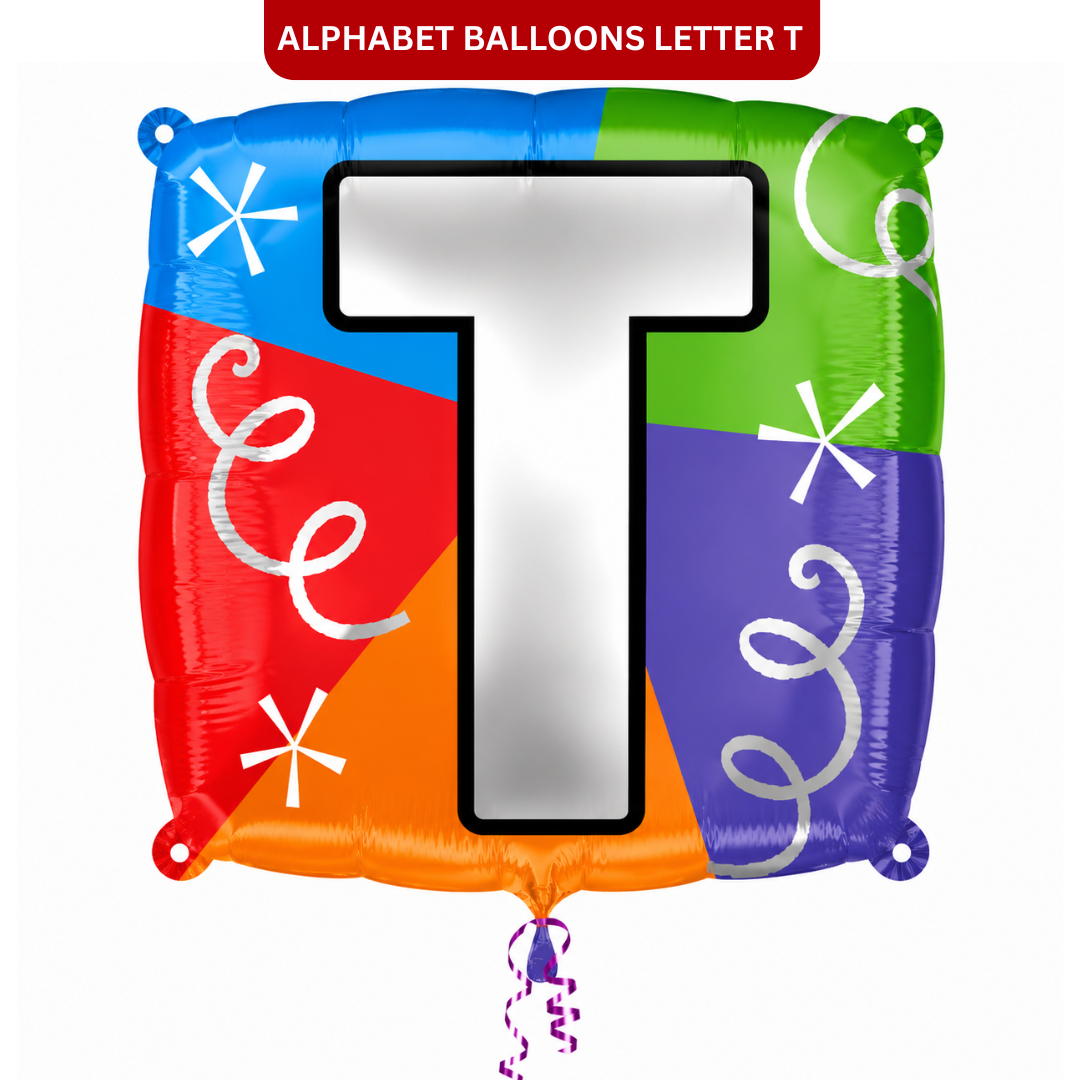 Alphabet "T" Printed Square Shaped Balloon Helium Supported for Birthday Boy/Girl Name Initiatls - 18 inches