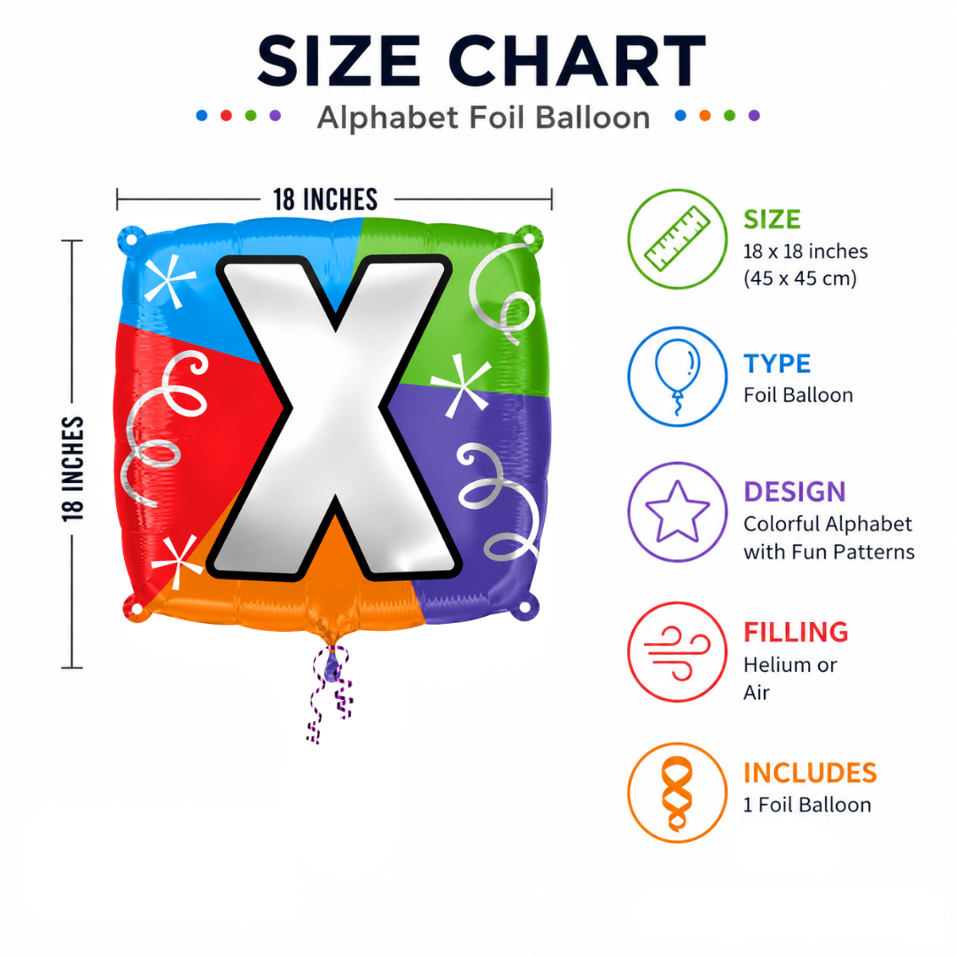 Alphabet "X" Printed Square Shaped Balloon Helium Supported for Birthday Boy/Girl Name Initiatls - 18 inches