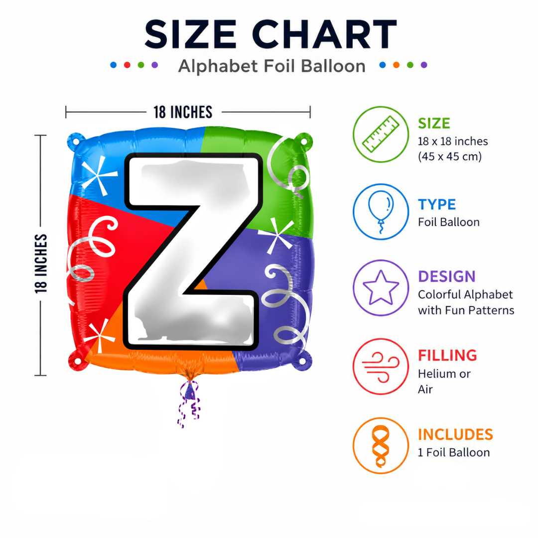 Alphabet "Z" Printed Square Shaped Balloon Helium Supported for Birthday Boy/Girl Name Initiatls - 18 inches