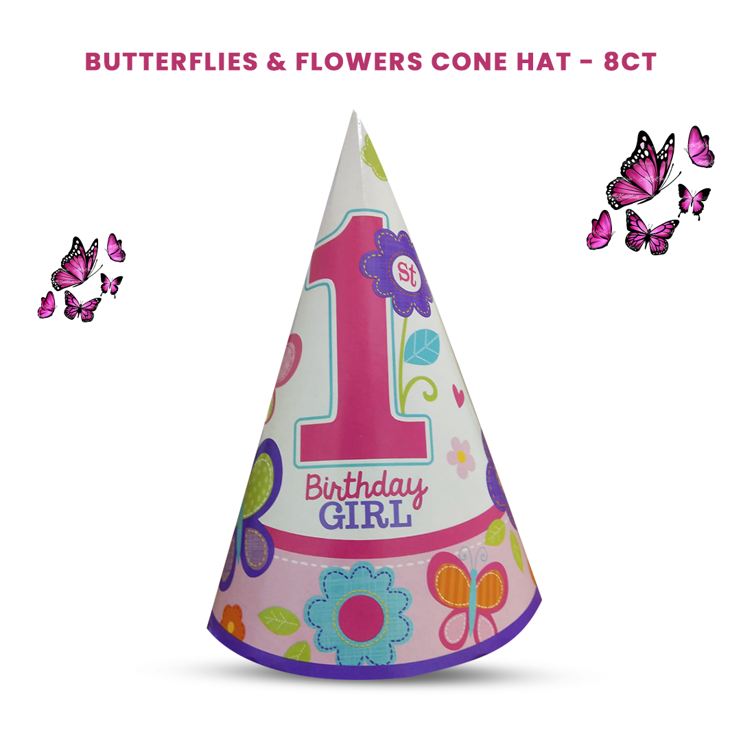 1st Birthday Butterflies & Flower Cone them Hat - 8PC