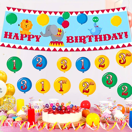 Circus Theme Happy Birthday Party Banner with Stickers - 13PC
