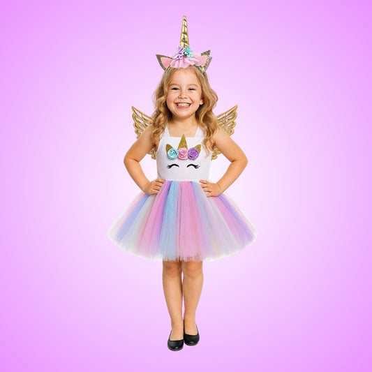 Unicorn Girls Costume w/Hair Band and Wings - Size M- Age 5 to 7 - 1PC