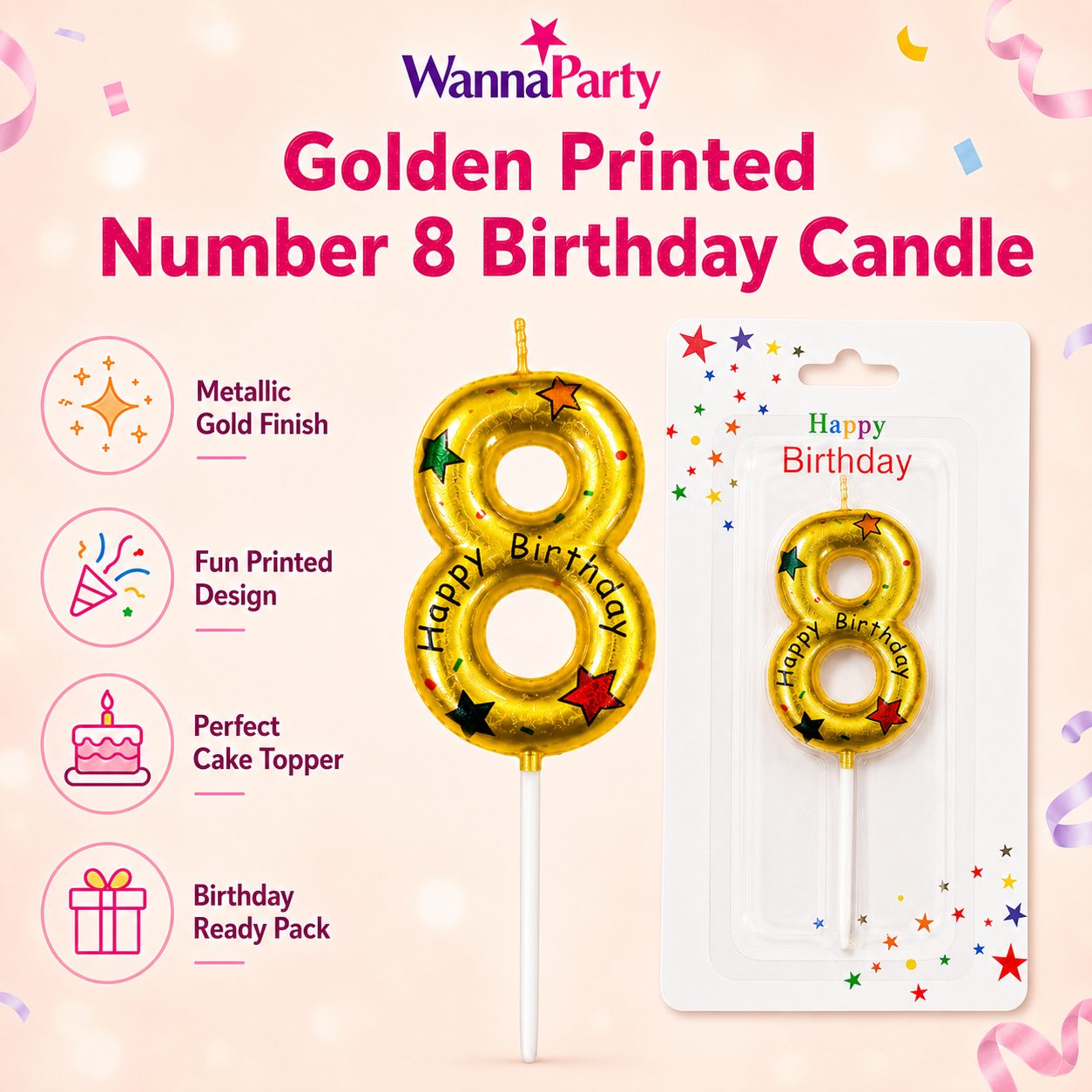 Golden Color Happy Birthday Printed Candle Number 8