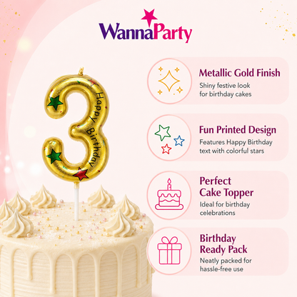 Golden Color Happy Birthday Printed Candle Number 3