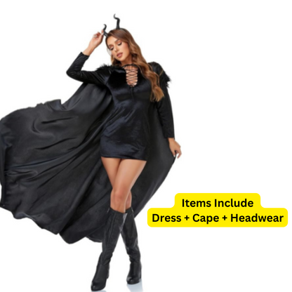 Maleficient Velvet Costume with Cape and Headband - Size M - Bust  34 inches