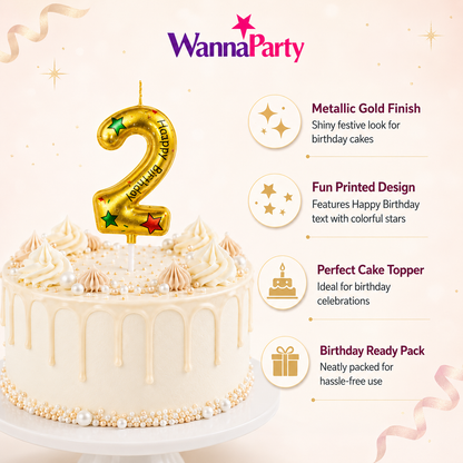 Golden Color Happy Birthday Printed Candle Number 2